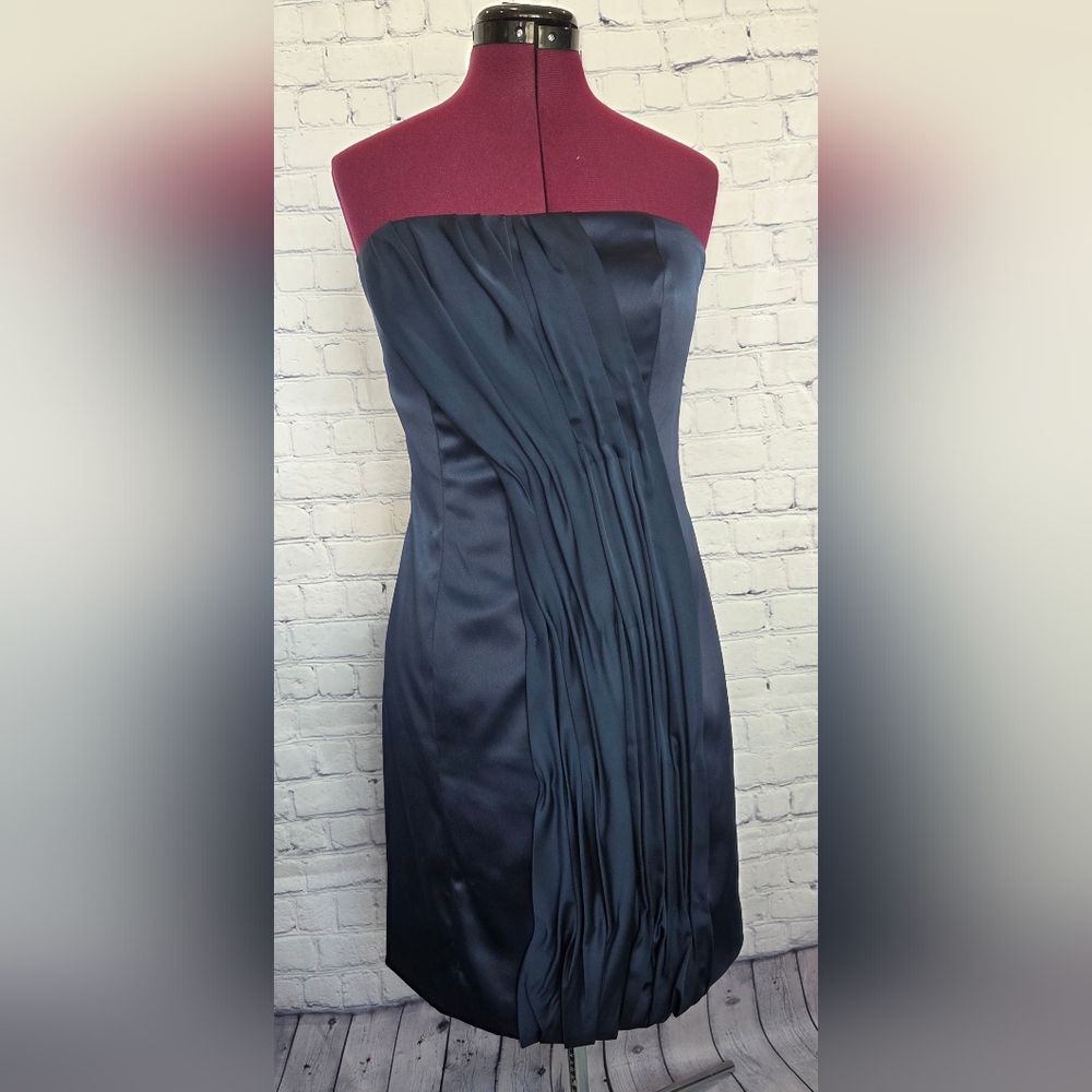 Max & Cleo Blue Asymmetrical Strapless Sheath Dress